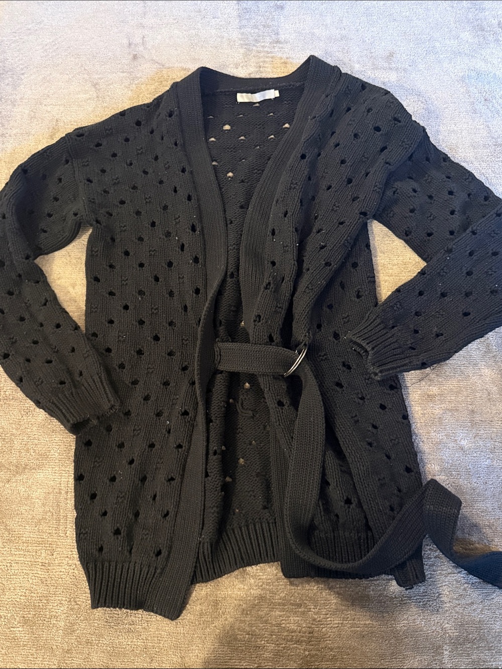 Black Open-Knit Belted Women's Cardigan Sweater